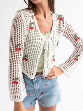 NO COMMENT Mesh Crochet Tie Front White Cherry Knit Cardigan Size M